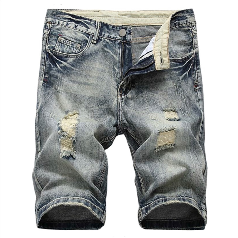 006-1 Men’s Gray/Yellow Denim Distressed Shorts